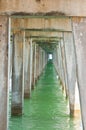 Concrete supports on underside of a pedestrian, wood pier going into the tropical gulf of Mexico