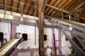 Concrete tanks for first fermentation of grapes, Bordeaux Saint-Emilion wine making region picking, sorting with hands and