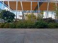 Concrete terrace on roof with bushes and plants in garden