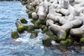 Concrete tetrapods form a ocean breakwater