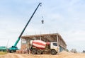 Concrete truck load concrete to bucket and mobile crain liftting pour on second floor