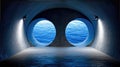 Concrete tunnel interior with two circular apertures framing a view of ocean water Royalty Free Stock Photo