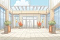 concrete walkway leading to a grand glass entranceway, magazine style illustration