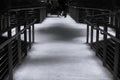 Concrete walkway with shiny metal rails, horizontal wire pickets, and hexagonal platform, black and white