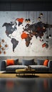 Concrete wall adorned with an artistic Earth sketch and business charts