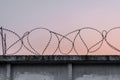 Concrete wall with barbed wire against a blue orange evening sky Royalty Free Stock Photo