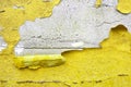 Concrete wall with canary yellow, orange peeling paint old cracked damaged rough bright background texture