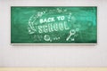 Concrete wall in interior with creative back to school sketch on chalkboard. Education, knowledge, and wisdom concept. 3D