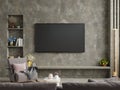 Concrete wall mounted tv on cement shelf in living room with dark brown sofa