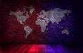 World map on concrete wall texture background with red and blue light effect in dark room.