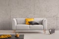 Concrete wall in trendy living room interior with grey scandinavian sofa, newspaper rack and coffee table with yellow cloth, Royalty Free Stock Photo