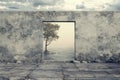 A Concrete Wall With a Window Showing a Tree and the Sea Royalty Free Stock Photo