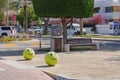 Concrete yellow restrictive spheres with funny smiley face indicating entry to pedestrian zone