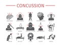 Concussion. Symptoms, Treatment. Flat icons set. Vector signs.