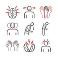 Concussion. Symptoms, Treatment. Line icons set. Vector signs for web graphics.
