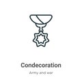 Condecoration outline vector icon. Thin line black condecoration icon, flat vector simple element illustration from editable army