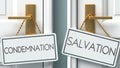 Condemnation and salvation as a choice - pictured as words Condemnation, salvation on doors to show that Condemnation and