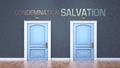 Condemnation and salvation as a choice - pictured as words Condemnation, salvation on doors to show that Condemnation and