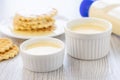 Condensed milk and waffles on a table. Royalty Free Stock Photo