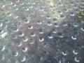 Condensed water in the form of hanging drops, photographed from above. Drops gathered under a stack covering an ancient