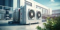 Condenser unit or compressor outside factory plant. Unit of ac air conditioner, heating ventilation or hvac air conditioning