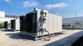 Condenser unit or compressor outside factory plant. Unit of ac air conditioner, heating ventilation or hvac air conditioning