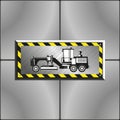 Heavy grader. Image on an industrial metal plate, bolted to the wall of gray slabs. Vector illustration.