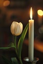 Condolence card with candle and a tulip flower