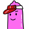 a condom cartoon illustration of a pink cap with a happy face