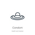 Condom icon. Thin linear condom outline icon isolated on white background from health and medical collection. Line vector condom