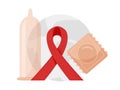 Condom and red ribbon Symbol of World AIDS Day. Attributes on the background of the globe.