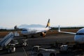 Condor air boeing 757 before flight settings at berlin shonefeld airport.