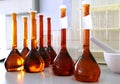 Conducting a chemical experiment in a laboratory. Colored flasks with chemical reagents. Many glass medical flasks in Royalty Free Stock Photo
