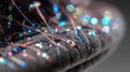 Conductive threads embedding into fabric, a macro view of wearable technology Royalty Free Stock Photo