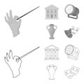 Conductor baton, theater building, searchlight, amphora.Theatre set collection icons in outline,monochrome style vector