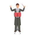 Cartoon conductor with notes, character for children. Flat vector illustration