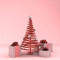 Cone abstract christmas tree pink wall gift box set 3d rendering Royalty Free Stock Photo