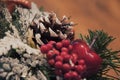 Cone and branches of a Christmas tree under snow, red berries. Royalty Free Stock Photo