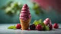 A cone of deep red huckleberry ice cream stands tall adorned with a sprig of foraged mint. Royalty Free Stock Photo