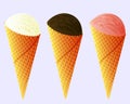 Cone ice cream icon set. Colorful ice-cream. White, pink and brown Isolated object. Natural food. Textured wafers Royalty Free Stock Photo