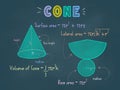 Cone or Prism colorful pastel chalks drawing on a blackboard with 3d shape, nets, surface area and volume formula