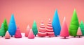 Cone shaped colorful christmas trees with pink background and copy space generative ai illustration