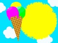 Cone with three ice cream scoops on blue sky background with clouds Royalty Free Stock Photo