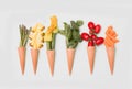 Cone waffle with pineapple slices, zucchini`s flower,basil,tomatoes and baby carrot
