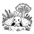 Vector drawing of a rabbit in its happy burrow in black and white Royalty Free Stock Photo