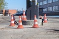 .cones demarcating the road on the street at the construction site Royalty Free Stock Photo