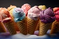cones with different flavors of ice cream, bright taste colors, food concept, dark background, Generative AI