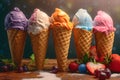 cones with different flavors of ice cream, bright taste colors, Generative AI
