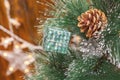 Cones and gift on Christmas tree branch in the snow. Selective focus, blurred background with garland Royalty Free Stock Photo