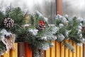 Cones hang on a snow-covered spruce garland